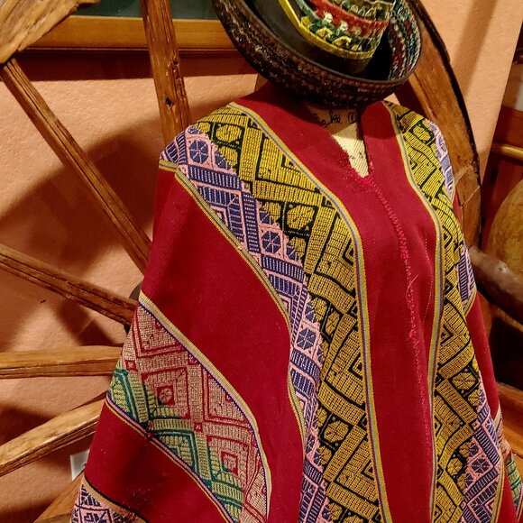 Andean Poncho – Handwoven Textile with Geometric Antique Inca Motifs, Gift Ideas - Picture 2 of 5